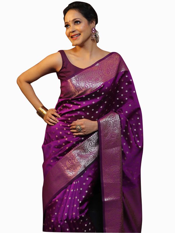 Royal Purple Banarasi Soft Silk Saree with Paisley Border
