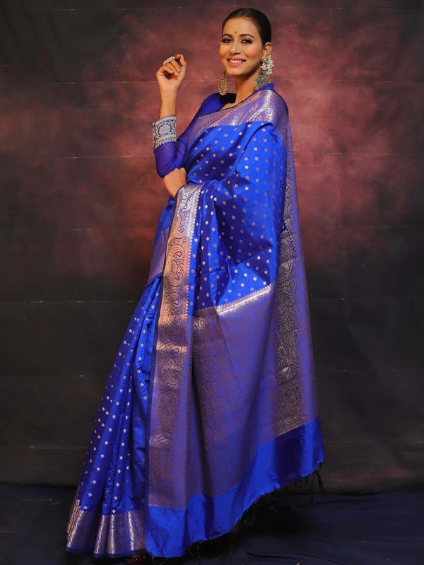Royal Blue Banarasi Soft Silk Saree with Paisley Border