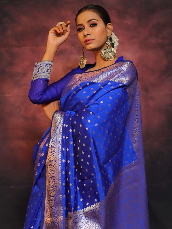 Royal Blue Banarasi Soft Silk Saree with Paisley Border