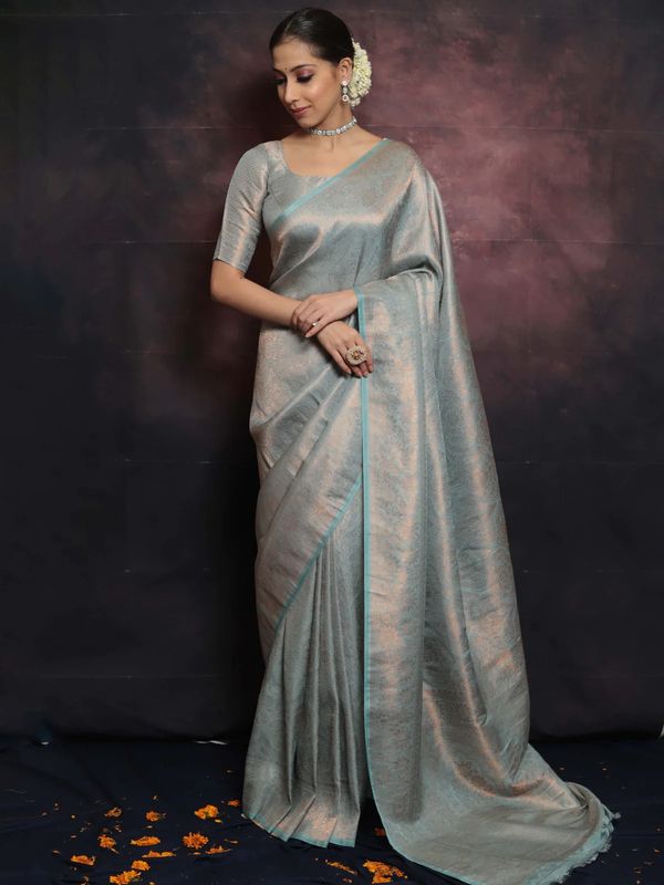 Silver Grey Banarasi Soft Silk Saree with Floral Weaving