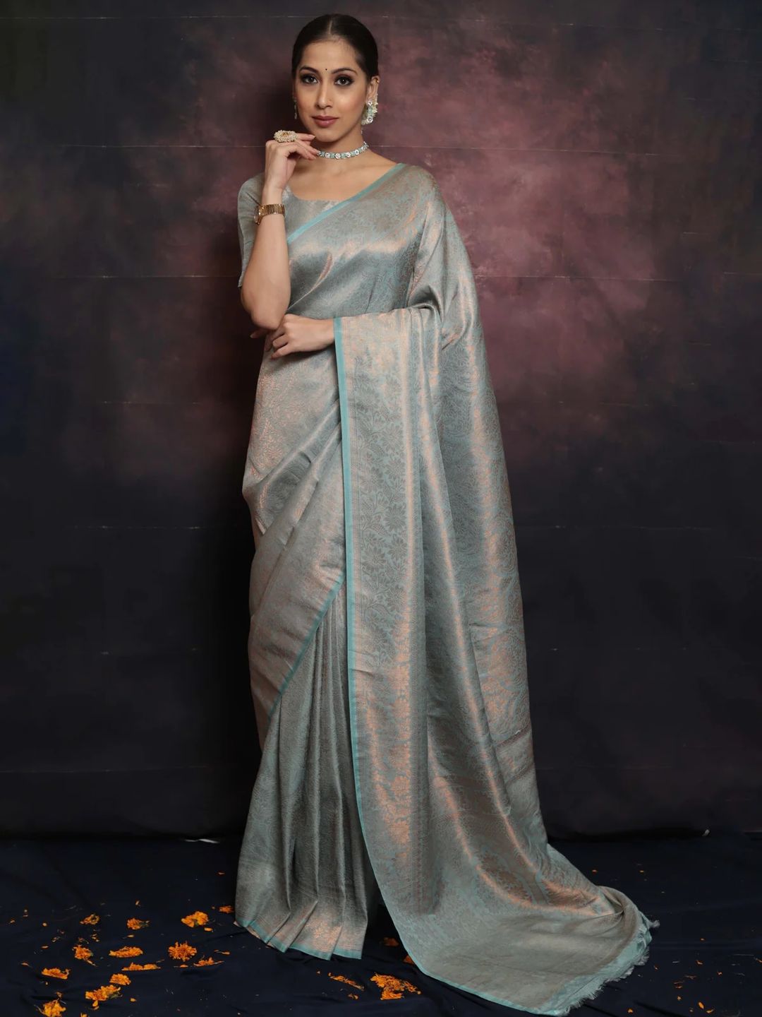 Silver Grey Banarasi Soft Silk Saree with Floral Weaving