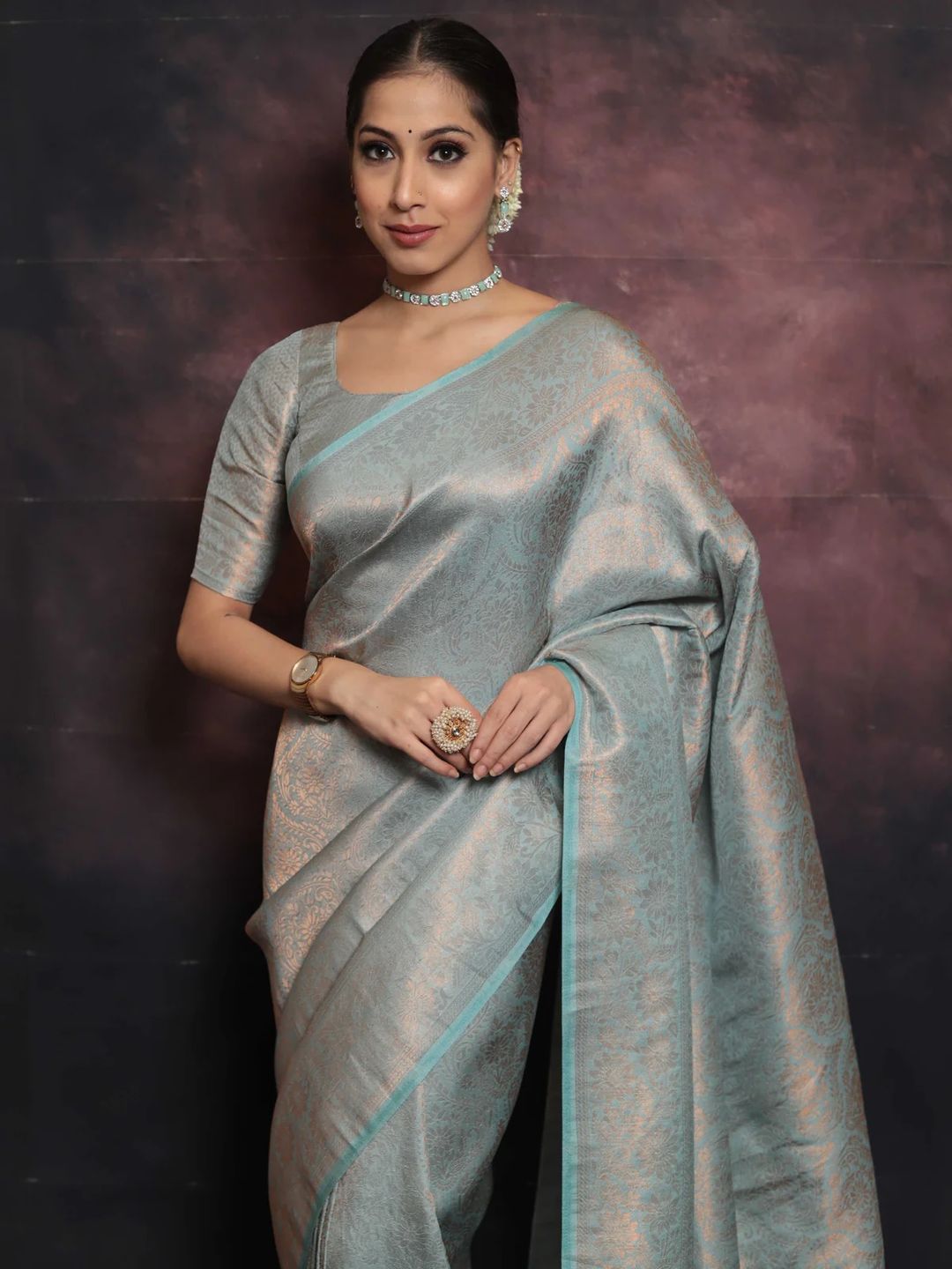 Silver Grey Banarasi Soft Silk Saree with Floral Weaving