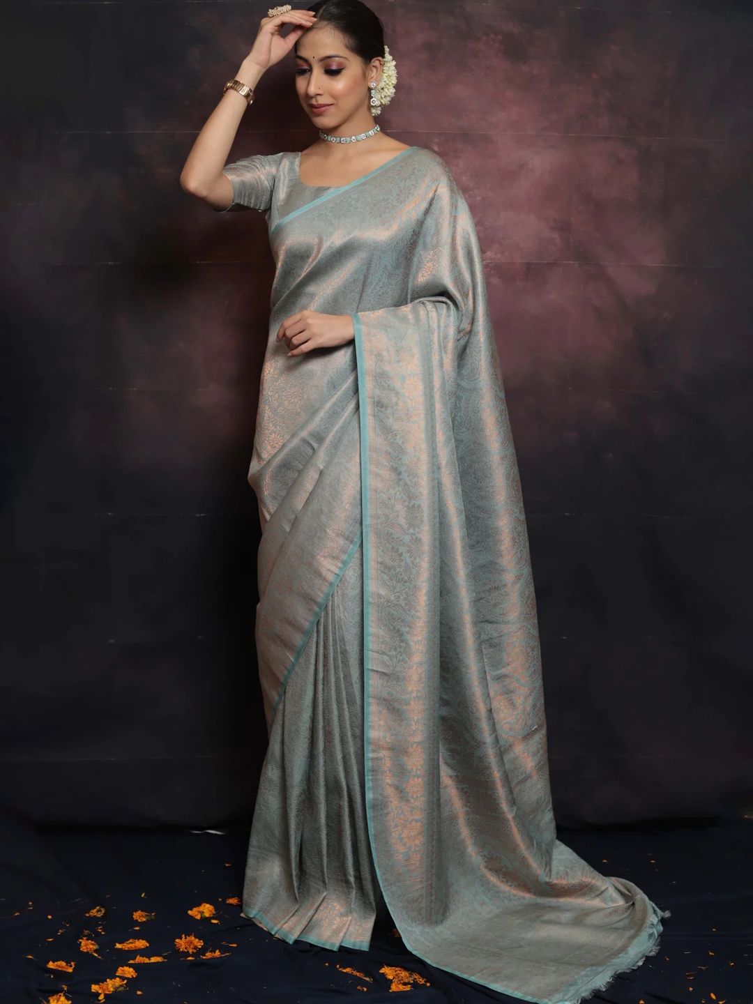 Silver Grey Banarasi Soft Silk Saree with Floral Weaving