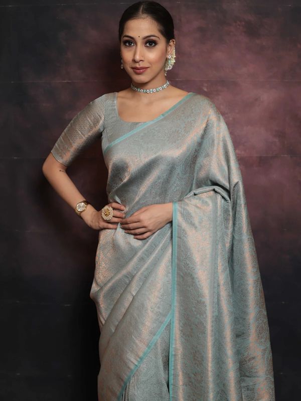 Silver Grey Banarasi Soft Silk Saree with Floral Weaving