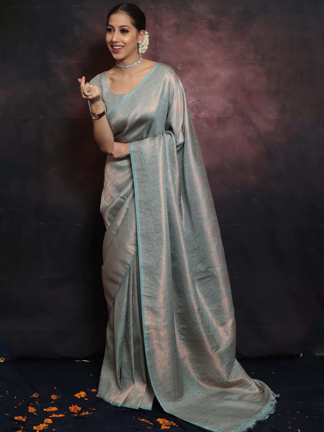 Silver Grey Banarasi Soft Silk Saree with Floral Weaving