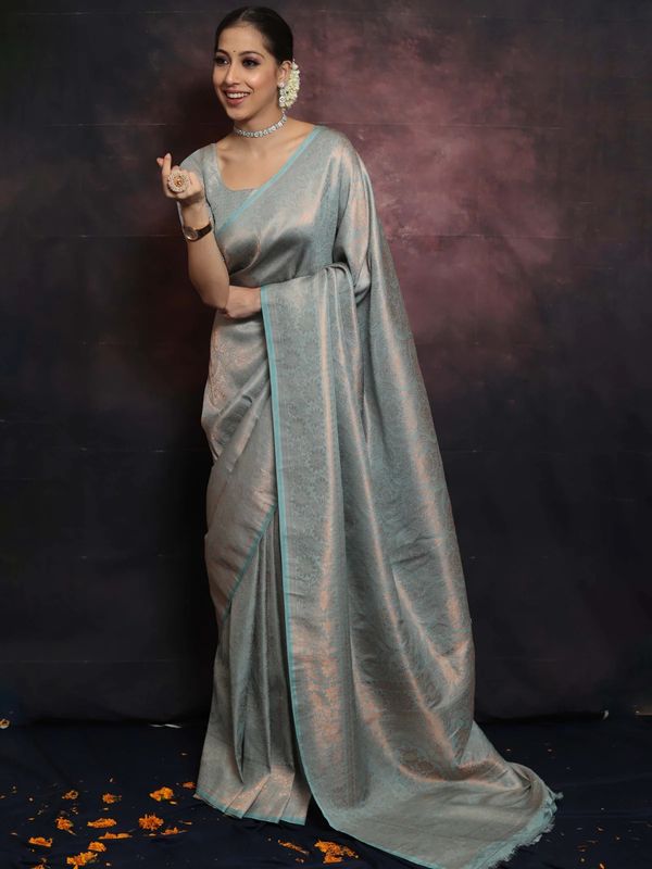 Silver Grey Banarasi Soft Silk Saree with Floral Weaving