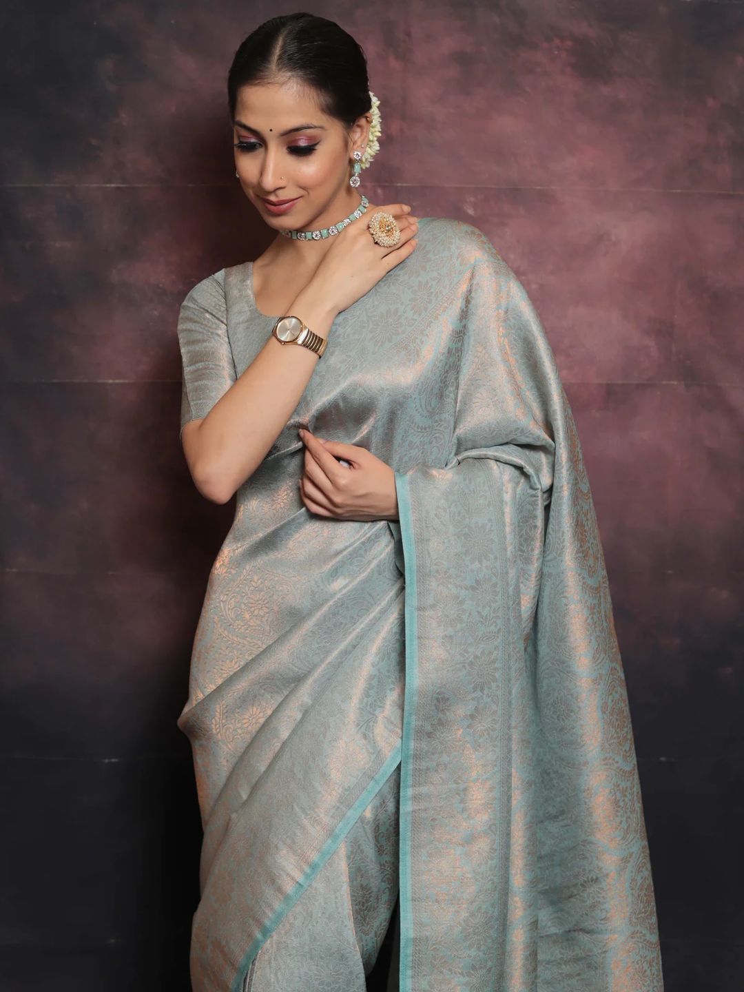 Silver Grey Banarasi Soft Silk Saree with Floral Weaving