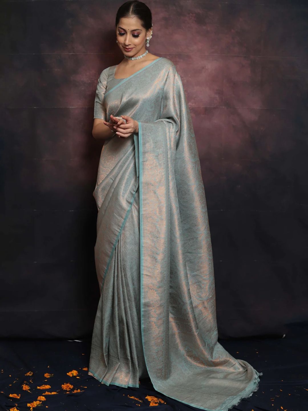 Silver Grey Banarasi Soft Silk Saree with Floral Weaving