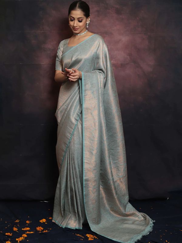 Silver Grey Banarasi Soft Silk Saree with Floral Weaving