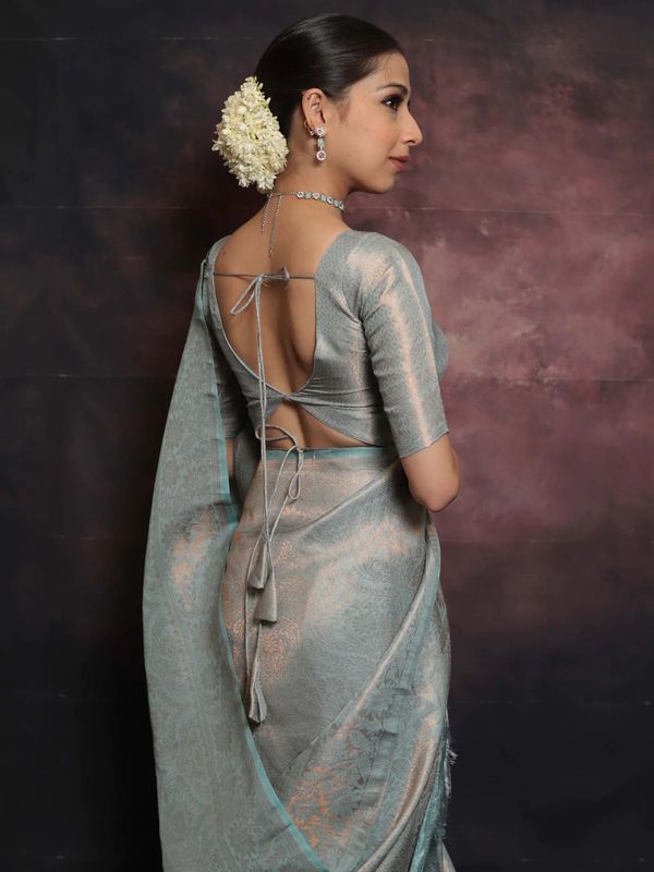 Silver Grey Banarasi Soft Silk Saree with Floral Weaving