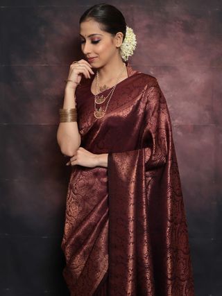 Deep Burgundy Banarasi Soft Silk Saree with Floral Brocade