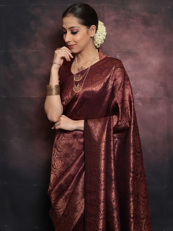 Deep Burgundy Banarasi Soft Silk Saree with Floral Brocade