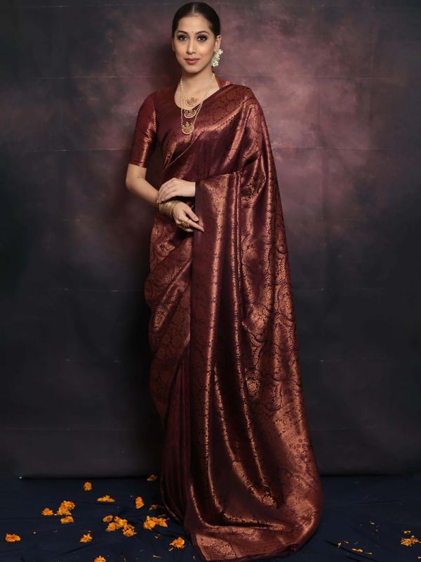 Deep Burgundy Banarasi Soft Silk Saree with Floral Brocade