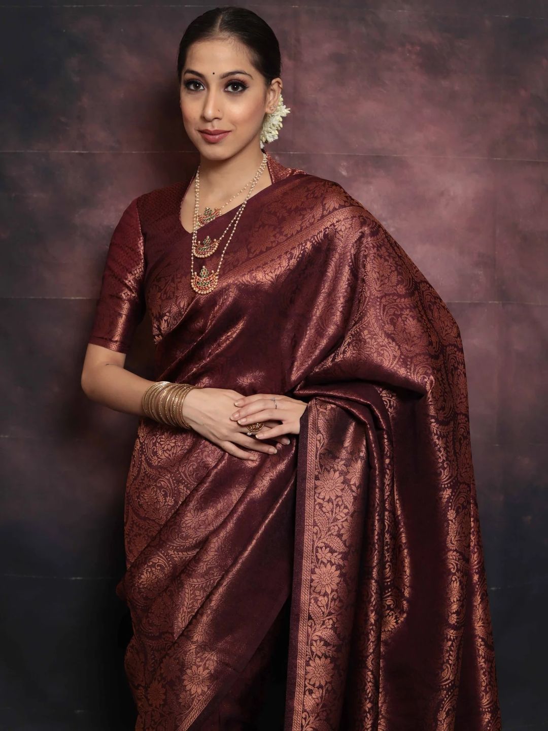 Deep Burgundy Banarasi Soft Silk Saree with Floral Brocade
