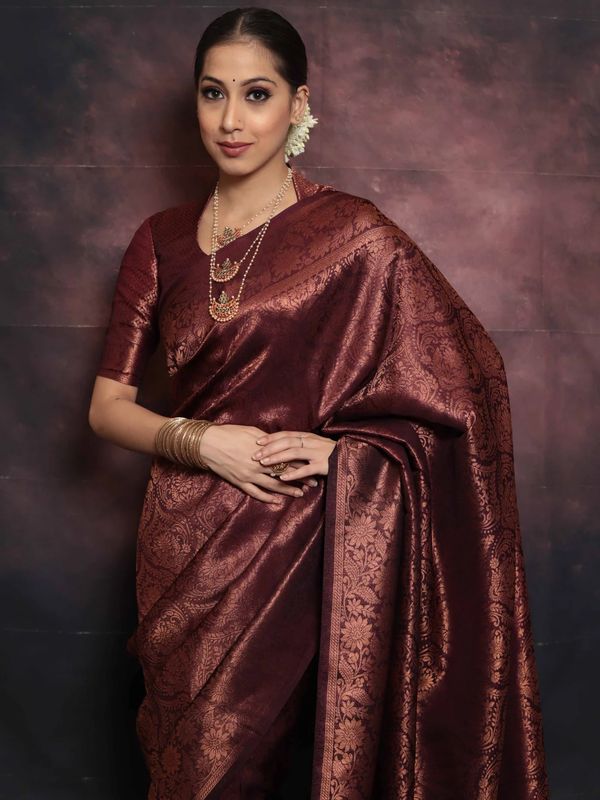 Deep Burgundy Banarasi Soft Silk Saree with Floral Brocade