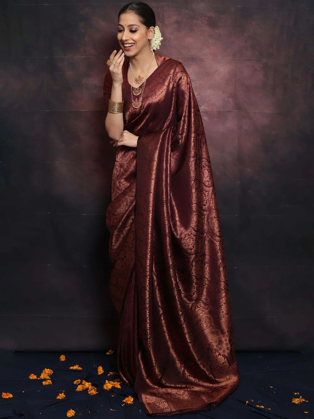 Deep Burgundy Banarasi Soft Silk Saree with Floral Brocade