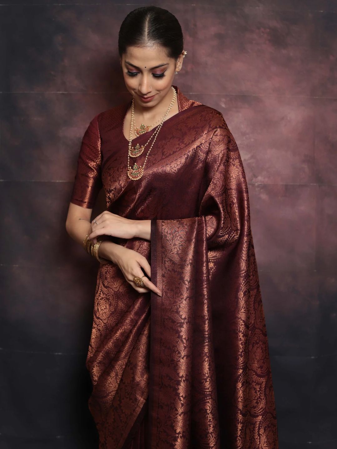 Deep Burgundy Banarasi Soft Silk Saree with Floral Brocade