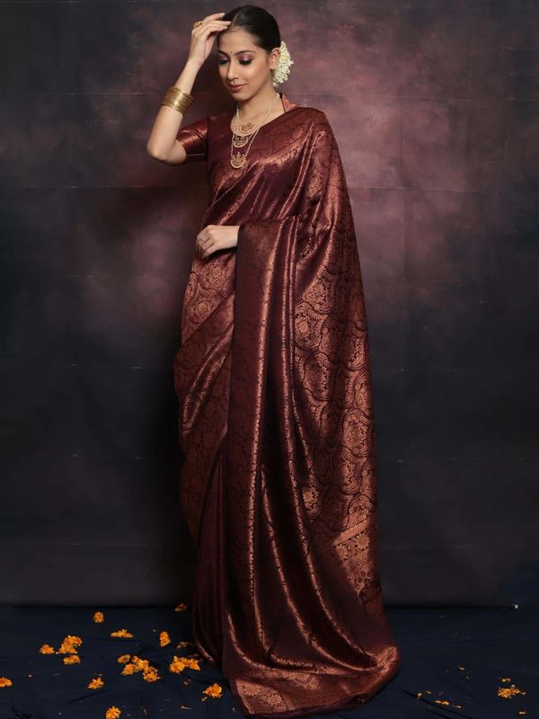 Deep Burgundy Banarasi Soft Silk Saree with Floral Brocade