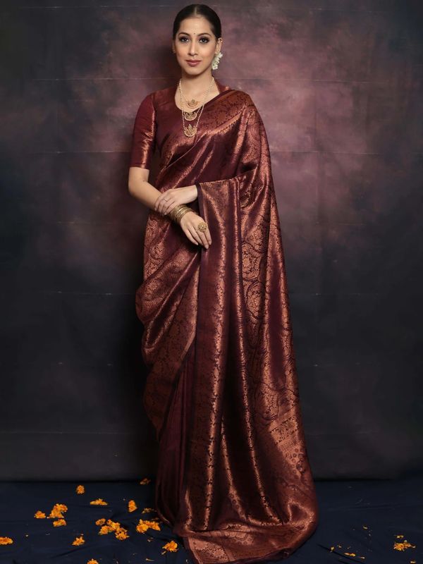 Deep Burgundy Banarasi Soft Silk Saree with Floral Brocade