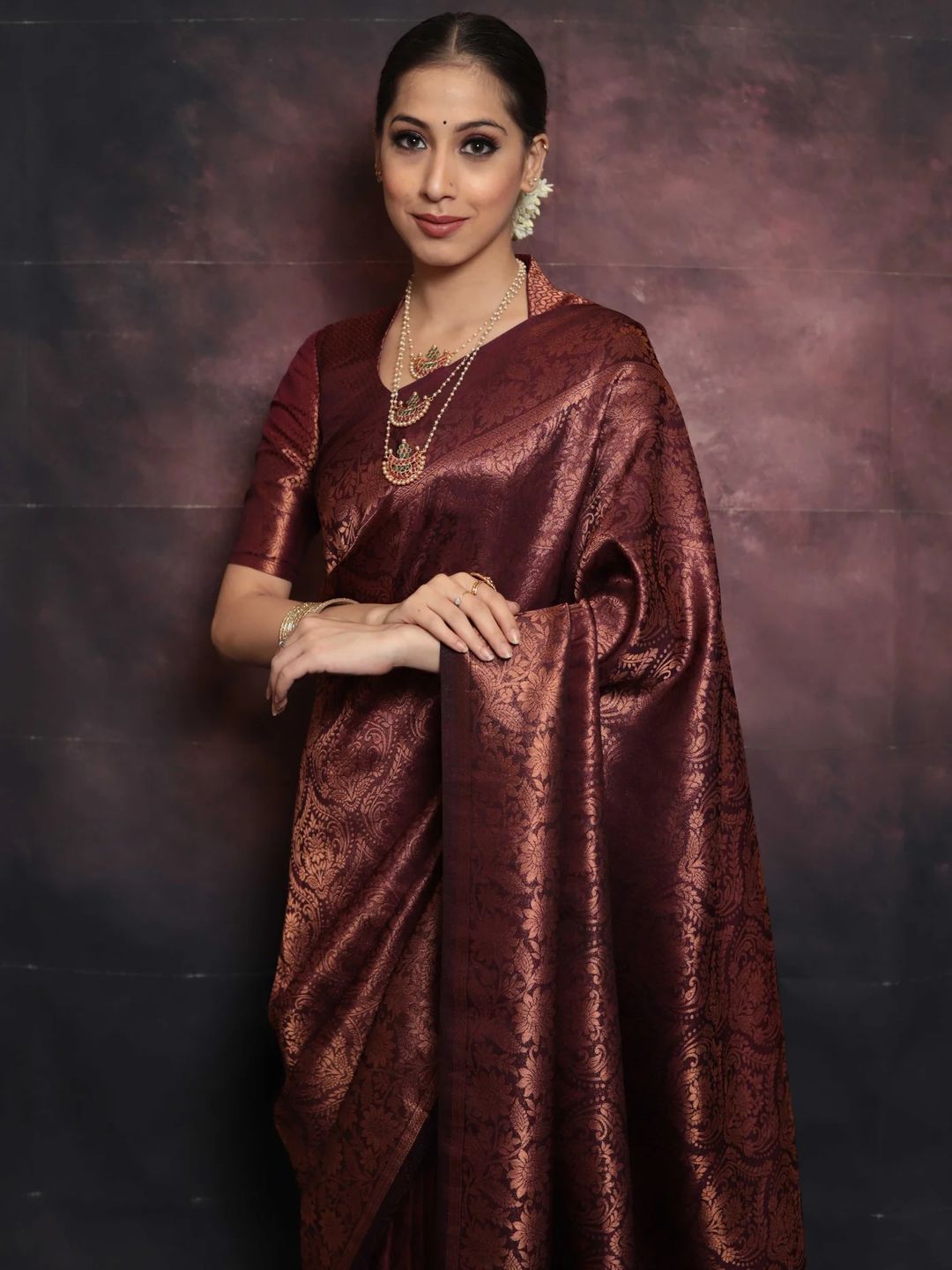Deep Burgundy Banarasi Soft Silk Saree with Floral Brocade