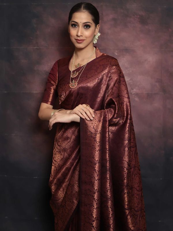 Deep Burgundy Banarasi Soft Silk Saree with Floral Brocade