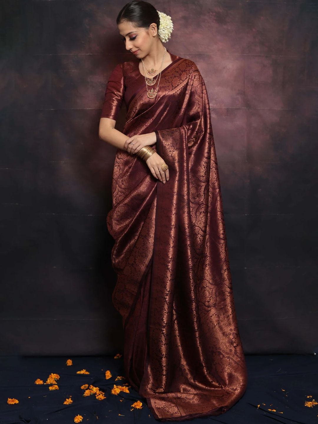 Deep Burgundy Banarasi Soft Silk Saree with Floral Brocade