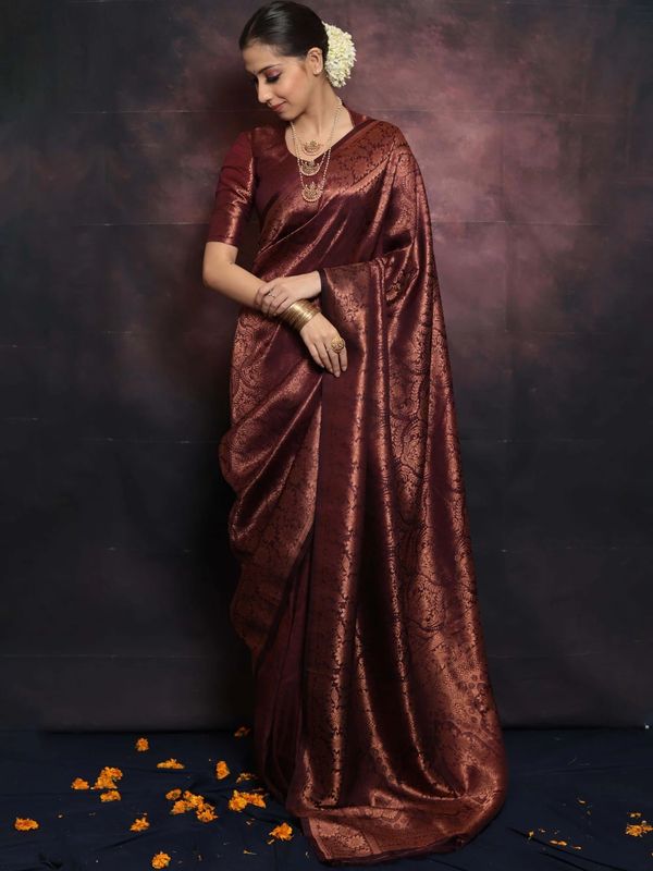 Deep Burgundy Banarasi Soft Silk Saree with Floral Brocade