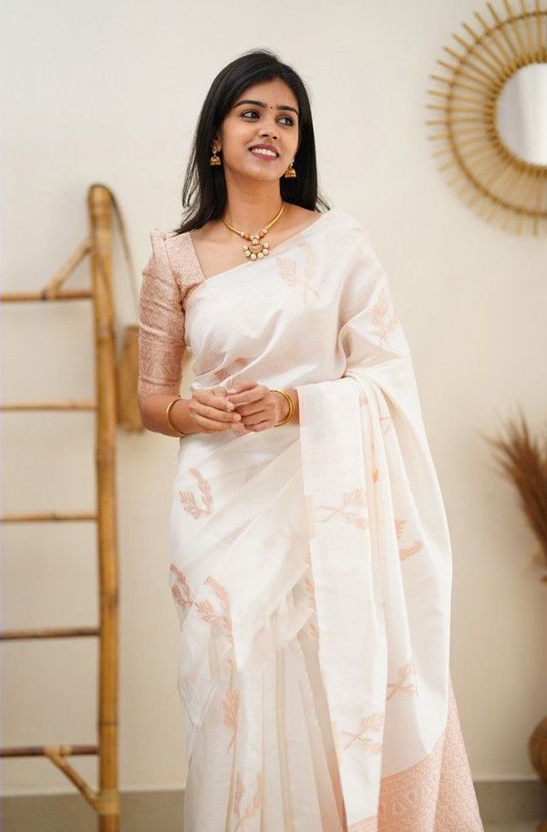 Ivory Peach Banarasi Soft Silk Saree with Floral Motifs