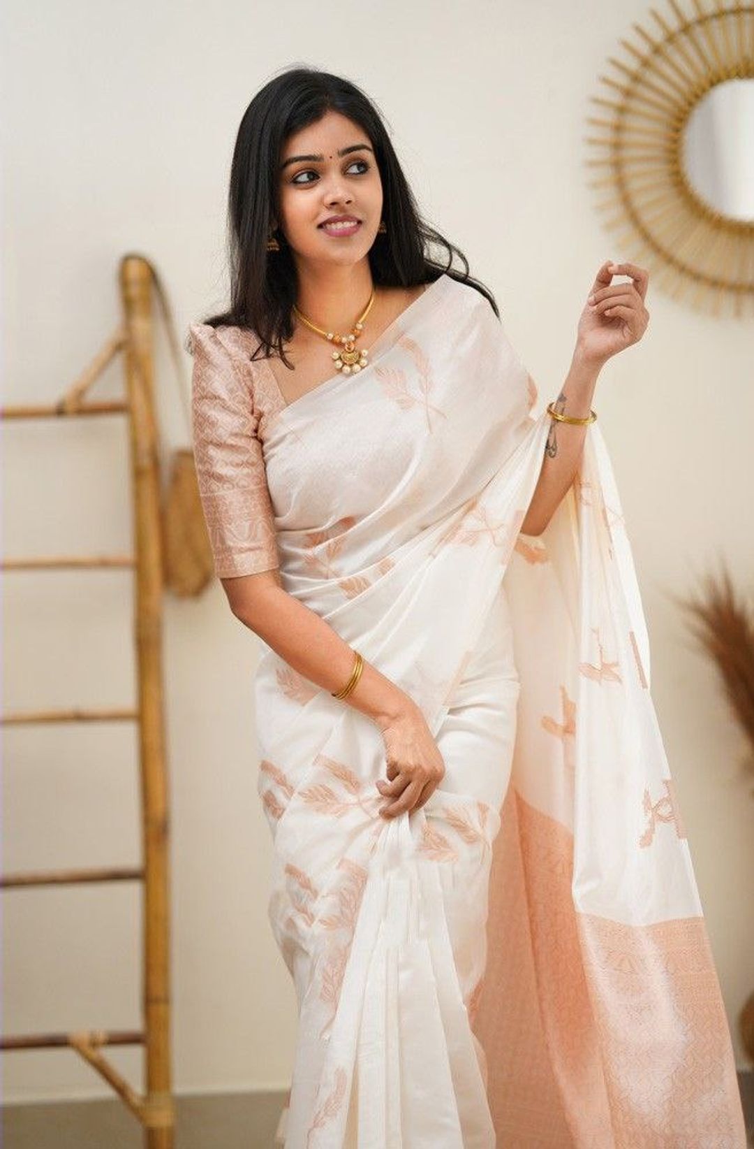 Ivory Peach Banarasi Soft Silk Saree with Floral Motifs