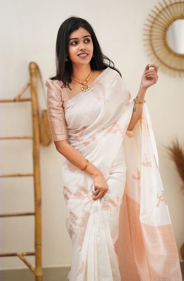 Ivory Peach Banarasi Soft Silk Saree with Floral Motifs