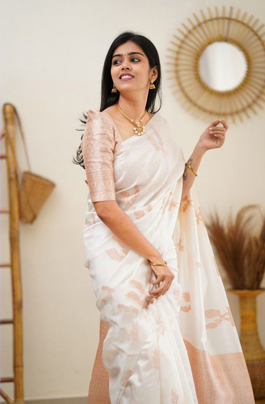 Ivory Peach Banarasi Soft Silk Saree with Floral Motifs