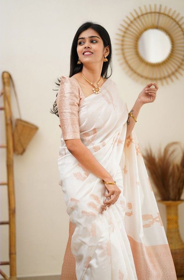 Ivory Peach Banarasi Soft Silk Saree with Floral Motifs