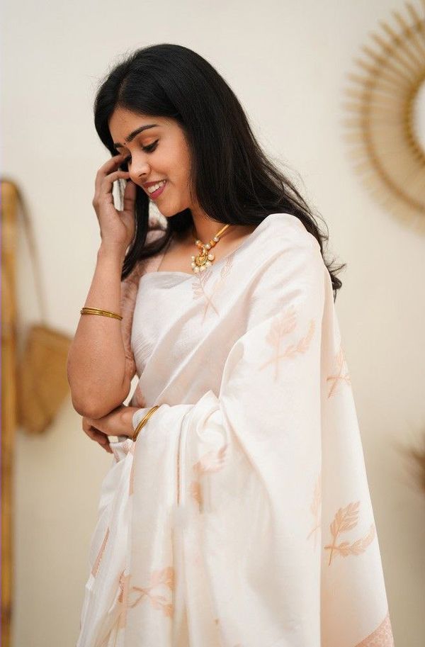 Ivory Peach Banarasi Soft Silk Saree with Floral Motifs