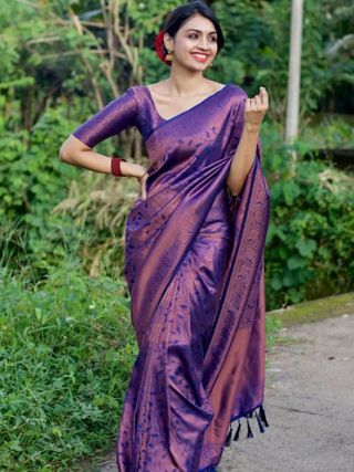 Purple Banarasi Soft Silk Saree with Floral Weave Design
