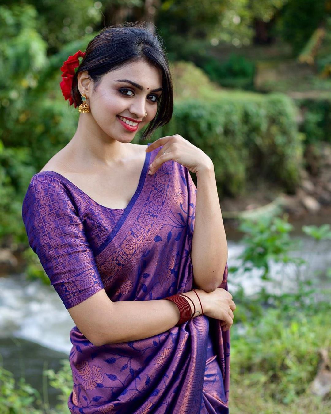 Purple Banarasi Soft Silk Saree with Floral Weave Design