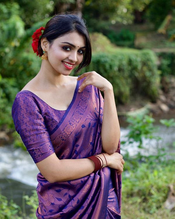 Purple Banarasi Soft Silk Saree with Floral Weave Design
