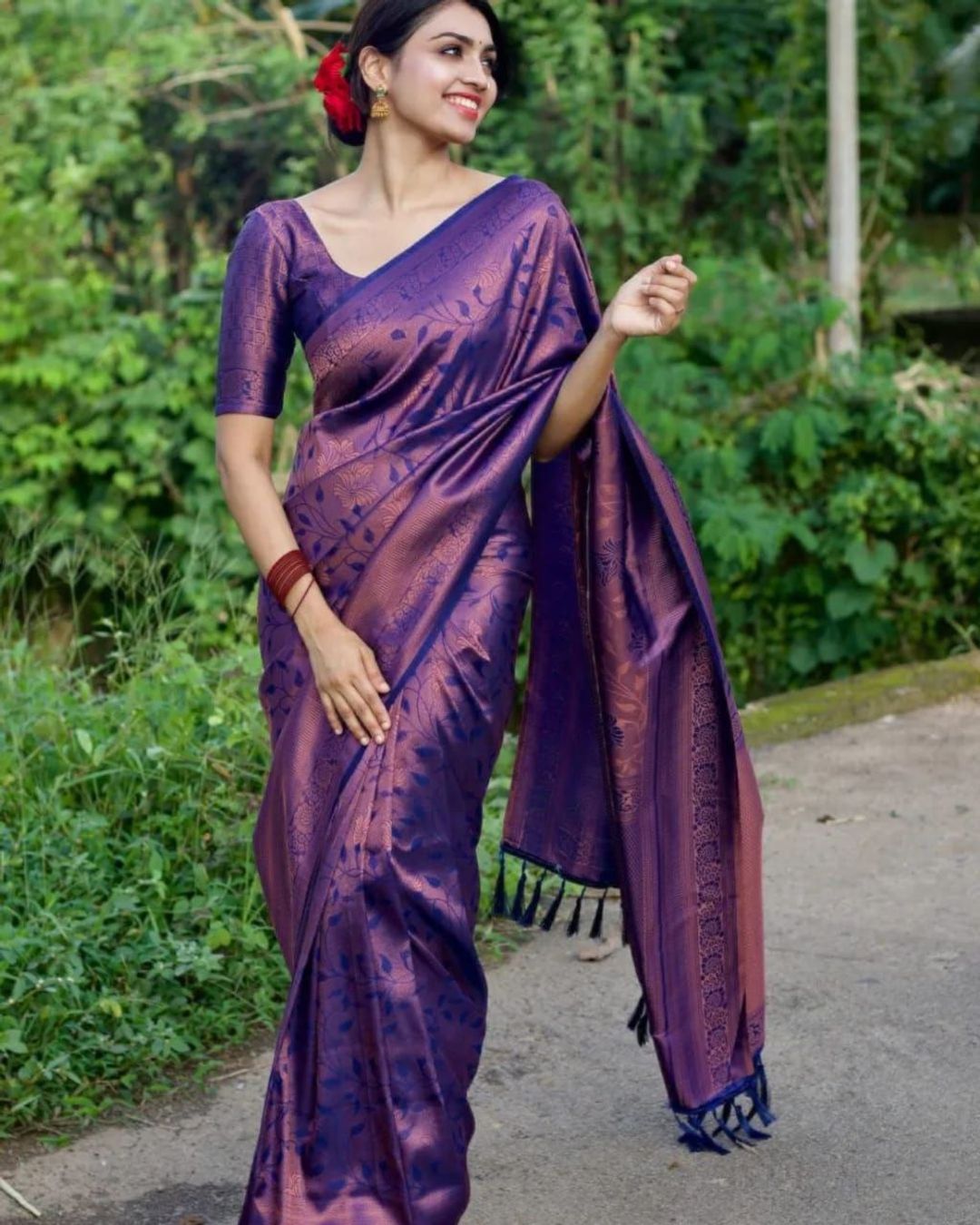 Purple Banarasi Soft Silk Saree with Floral Weave Design