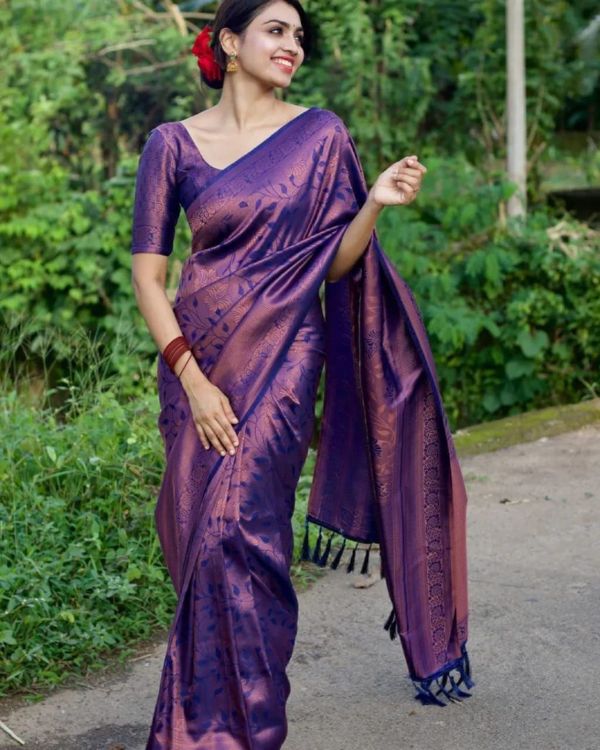Purple Banarasi Soft Silk Saree with Floral Weave Design