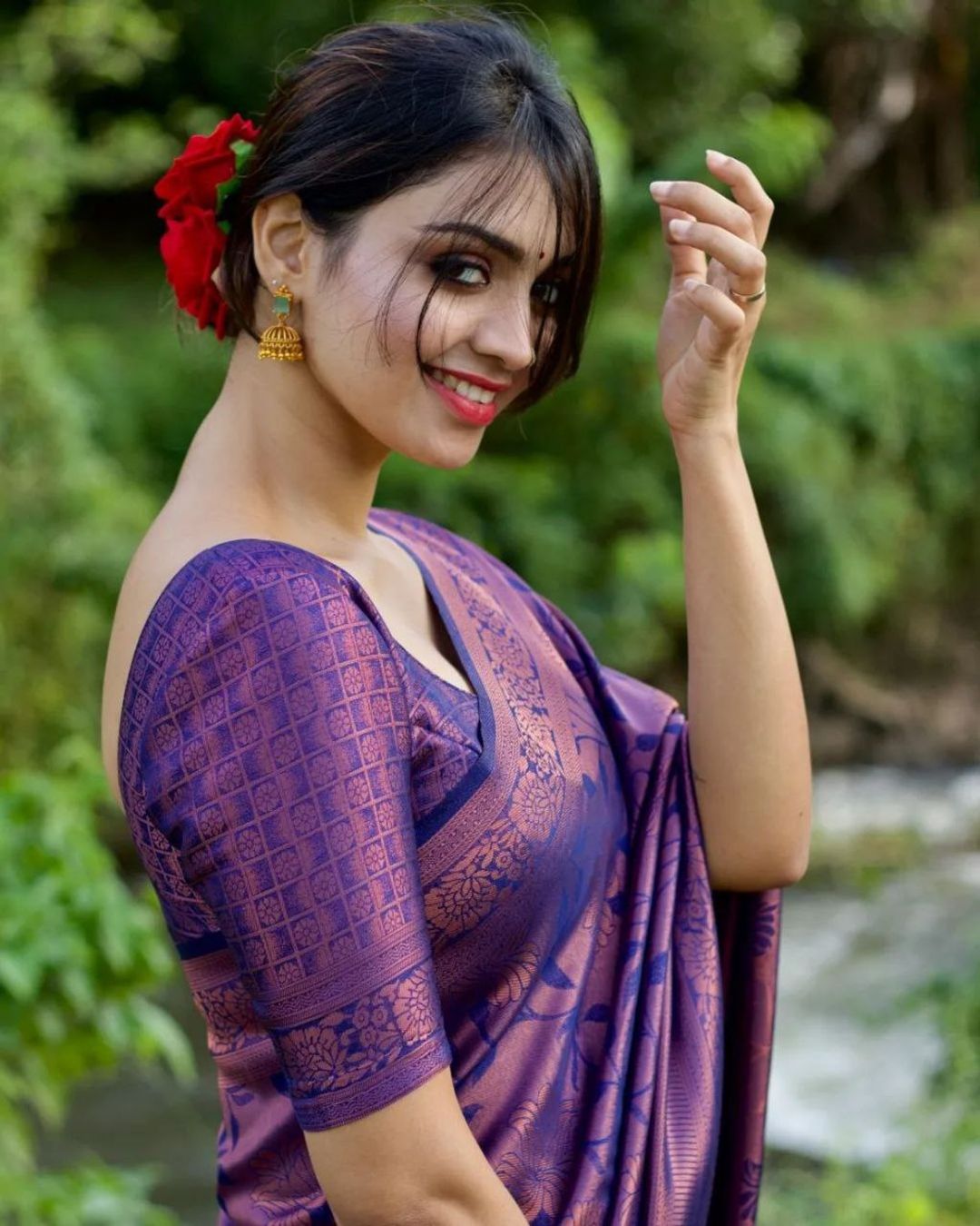 Purple Banarasi Soft Silk Saree with Floral Weave Design