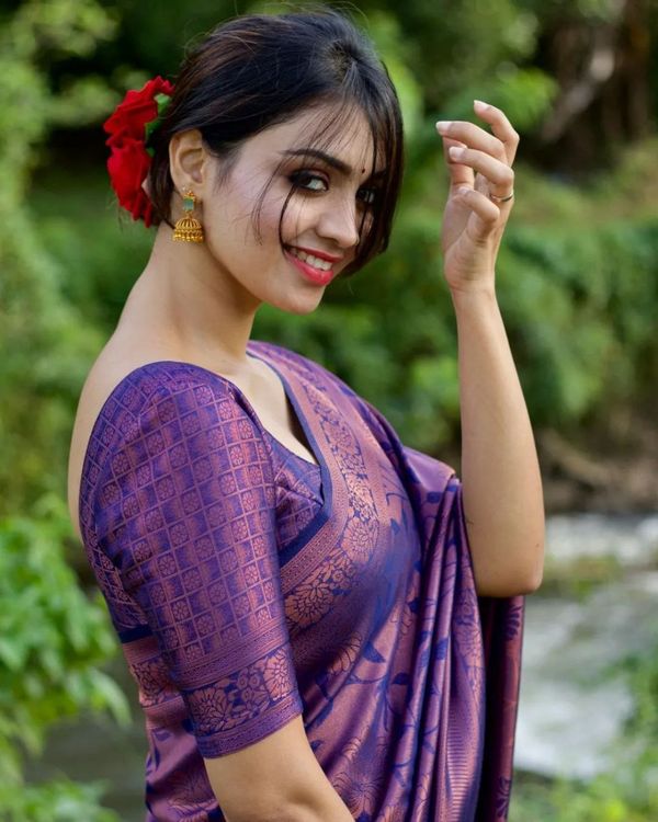Purple Banarasi Soft Silk Saree with Floral Weave Design