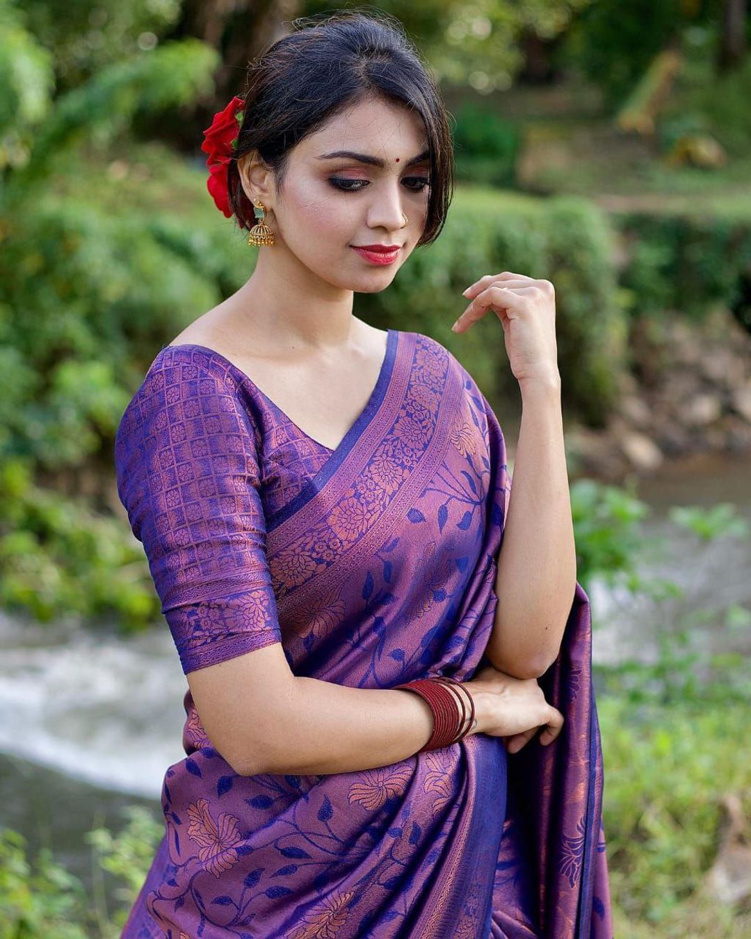 Purple Banarasi Soft Silk Saree with Floral Weave Design