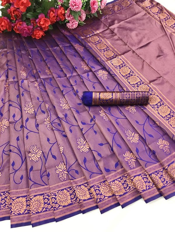 Purple Banarasi Soft Silk Saree with Floral Weave Design