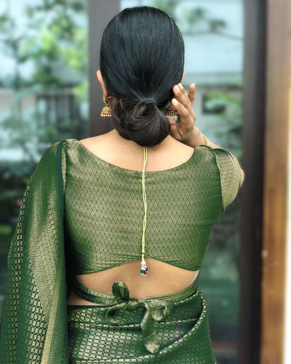 Dark Bottle Green Banarasi Soft Silk Saree with Gold Zari