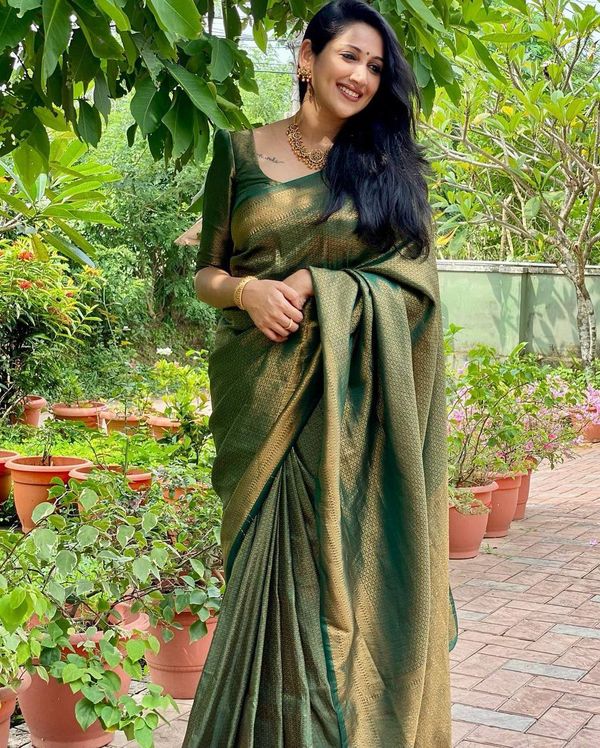Dark Bottle Green Banarasi Soft Silk Saree with Gold Zari