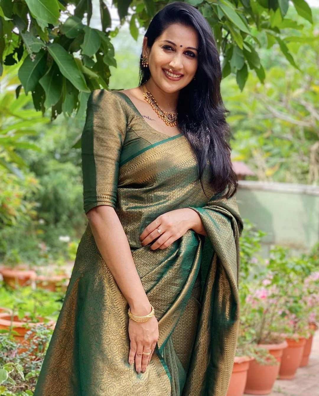 Dark Bottle Green Banarasi Soft Silk Saree with Gold Zari