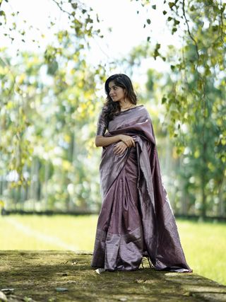 Dusty Mauve Purple Banarasi Soft Silk Saree with Woven Border