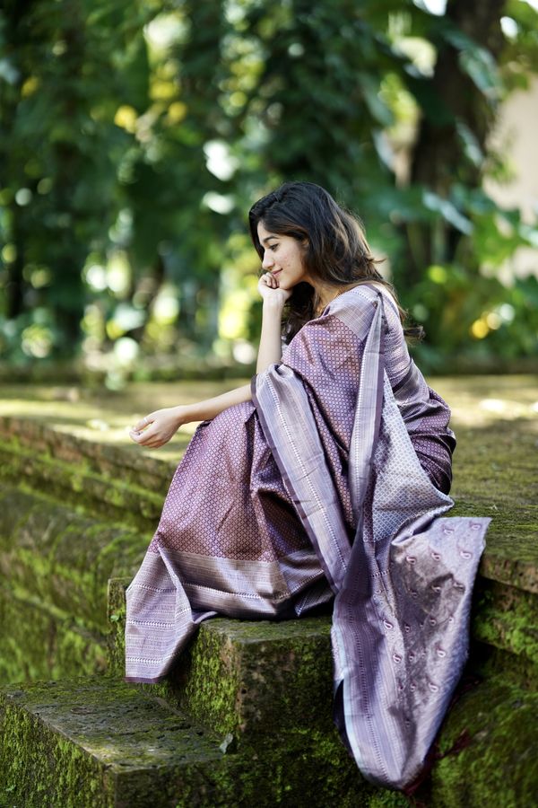 Dusty Mauve Purple Banarasi Soft Silk Saree with Woven Border