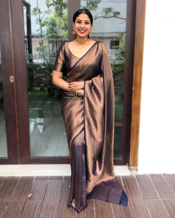 Deep Plum Purple Banarasi Soft Silk Saree with Copper Gold Border