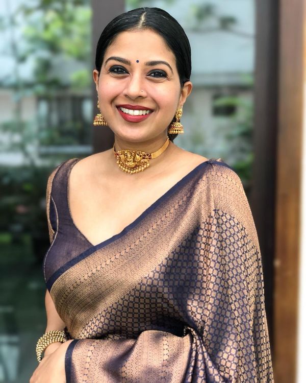 Deep Plum Purple Banarasi Soft Silk Saree with Copper Gold Border