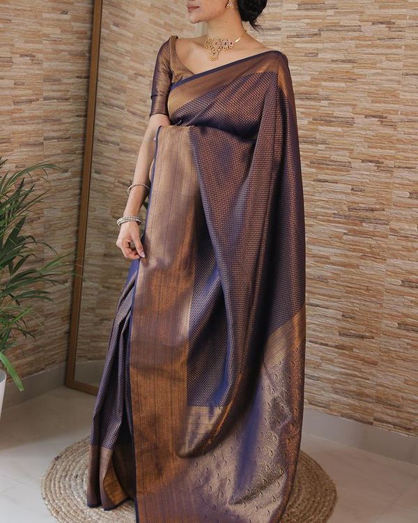 Deep Plum Purple Banarasi Soft Silk Saree with Copper Gold Border